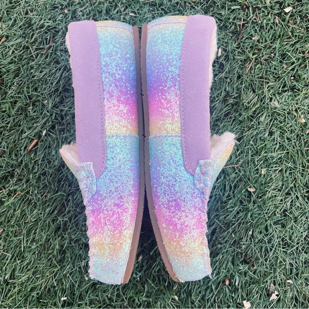 Rainbow Glitter Lands’ End Youth/Adolescent Moccasin Slippers Size 3